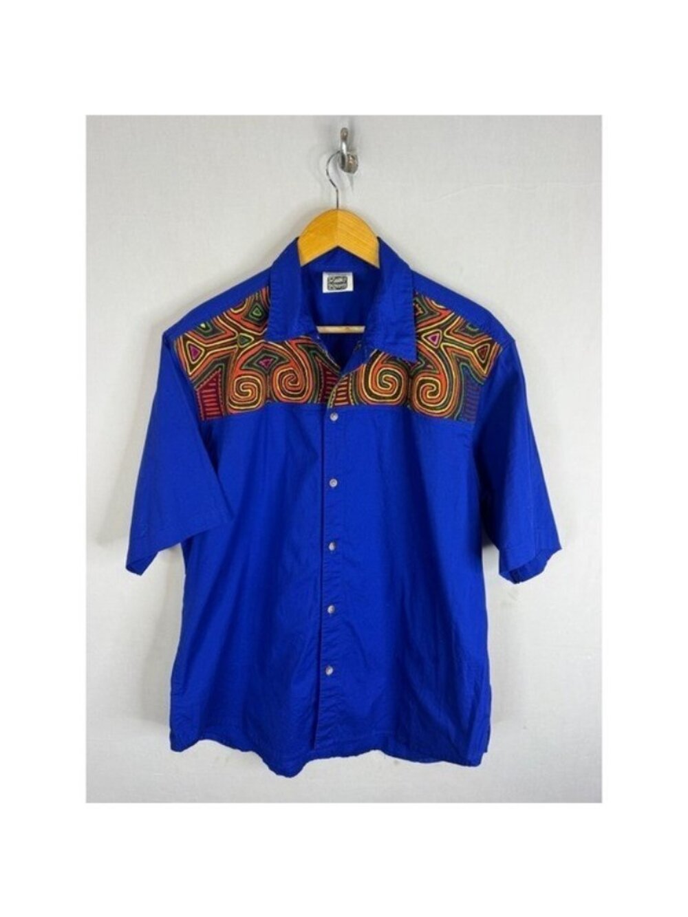My Name Is Panama Mens XL Blue Cotton Mola Folk Art Embroidered Shirt SS